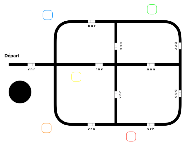 Piste de traits noirs avec séries de cases blanches à colorier.